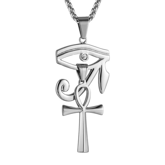 HZMAN Gold Stainless Steel Eye of Egypt Horus and Coptic Ankh Cross Religious Pendant Necklace 24" Figaro Chain (Silver)