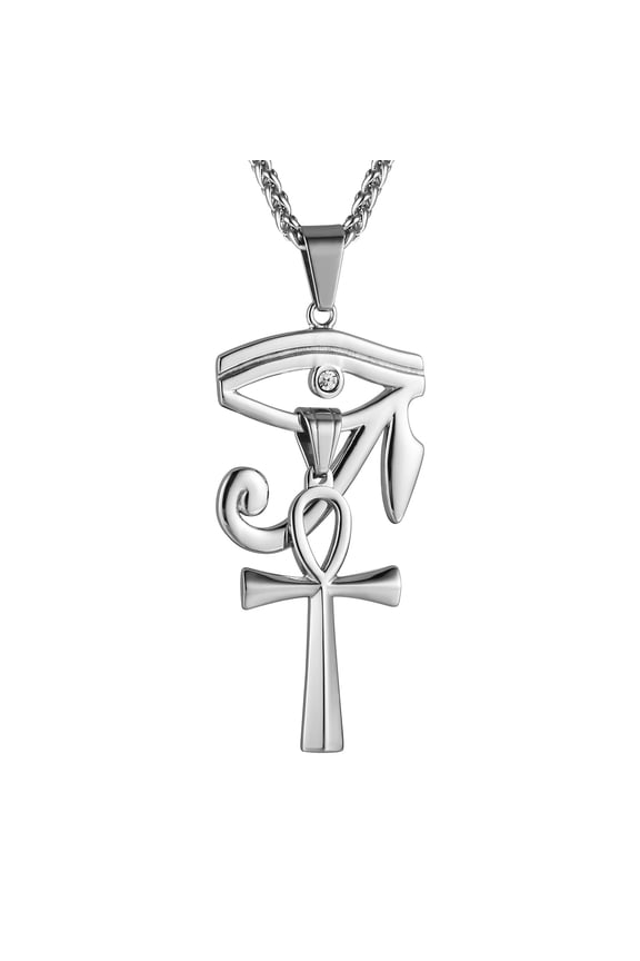 Gold Stainless Steel Eye of Egypt Horus and Coptic Ankh Cross Religious Pendant Necklace 24" Figaro Chain (Silver)
