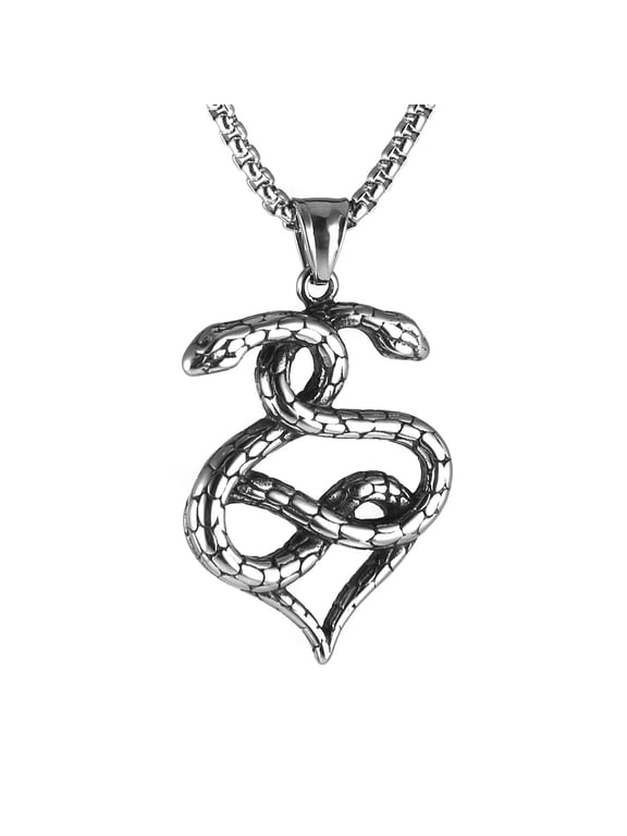 Gothic Jewelry Men's Stainless Steel Animal Snake Pendant Chain Necklace (Two-Headed Snake Silver)