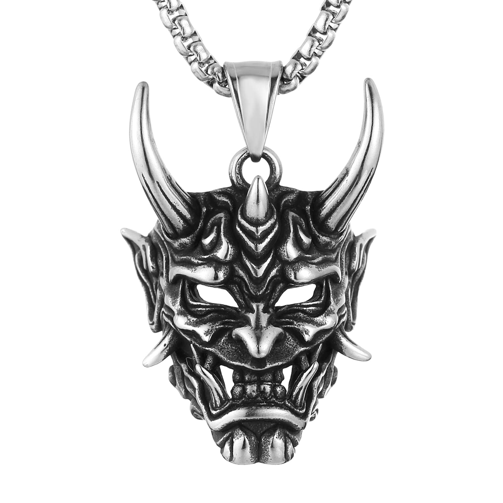 HZMAN Gothic Necklace for Men Prajna Mask Stainless Steel Silver Evil
