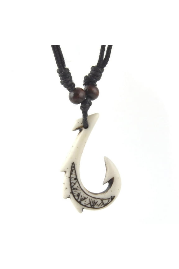 Hawaiian White Fish Hook Pendant Hemp Cord Chain - Maori Tribal Necklace
