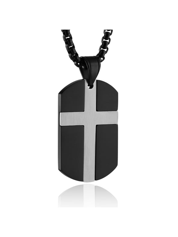 Isaiah 41:10 Jewelry, Stainless Steel cross Dog Tag Necklace STRENGTH Bible Verse (Black & Silver)