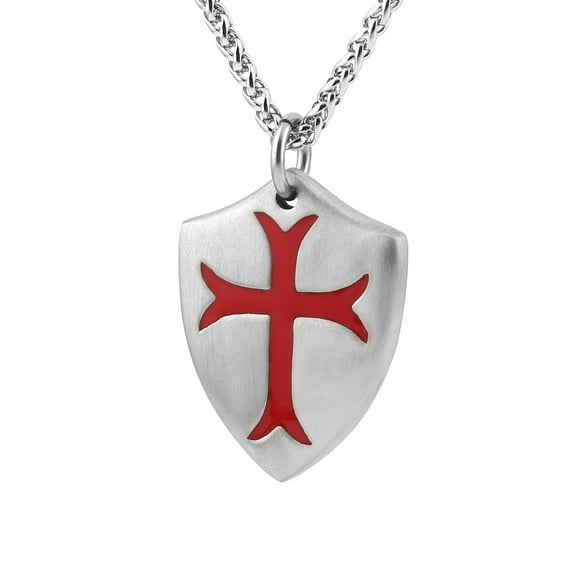 HZMAN Knights Templar Cross Joshua 1:9 Shield Stainless Steel Pendant Necklace with FREE 24" Chain (Silver Red)