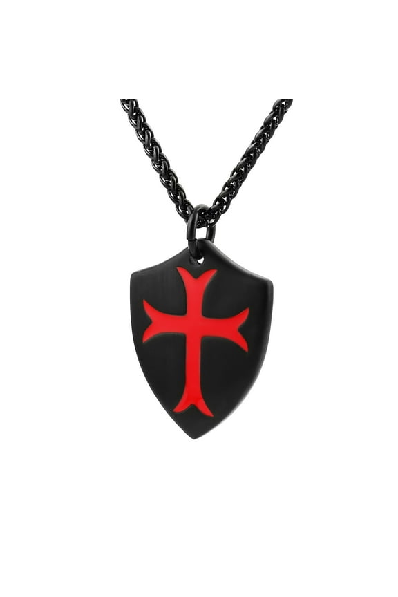 Knights Templar Cross Joshua 1:9 Shield Stainless Steel Pendant Necklace with FREE 24 Inch Chain (Black Red)