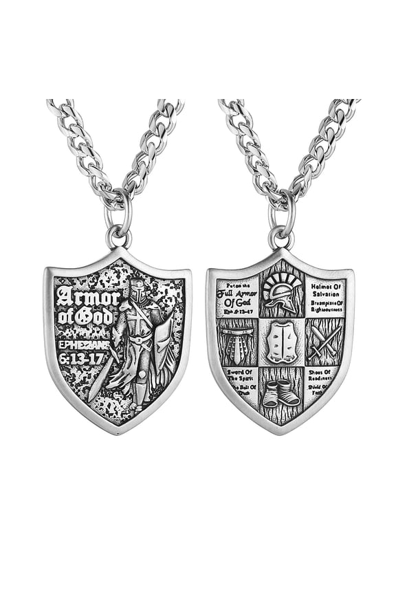 Knights Templar Necklace for Men Stainless Steel Medieval Red Cross Shield Medal Pendant Jewelry Gift (Silver)