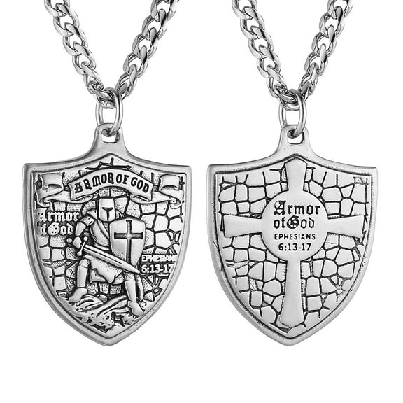 HZMAN Knights Templar Necklace for Men Stainless Steel Medieval Red Cross Shield Medal Pendant Jewelry Gift (Silver)