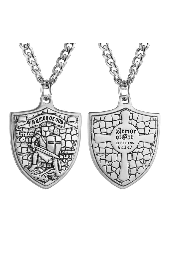 Knights Templar Necklace for Men Stainless Steel Medieval Red Cross Shield Medal Pendant Jewelry Gift (Silver)