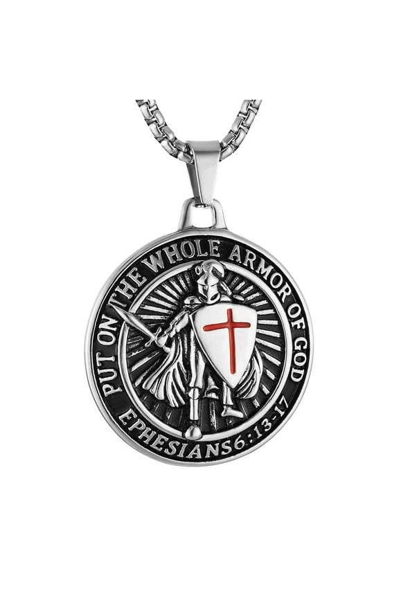 Knights Templar Put On The Whole Armor of God Ephesians 6:13-17 Red Cross Design Stainless Steel Necklace for Men