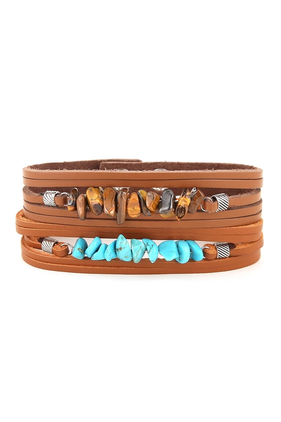 Leather Bracelet for Men Women Handmade Braided Rope Multilayer Wrap Turquoise Tiger Eye Stone Button Bangle Bracelet Jewelry Gift