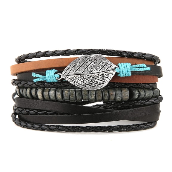 HZMAN Leather Bracelet for Men Women Handmade Braided Rope Multilayer Wristbands Wrap Leaves Wooden Beaded Cuff Bracelet Jewelry Gift