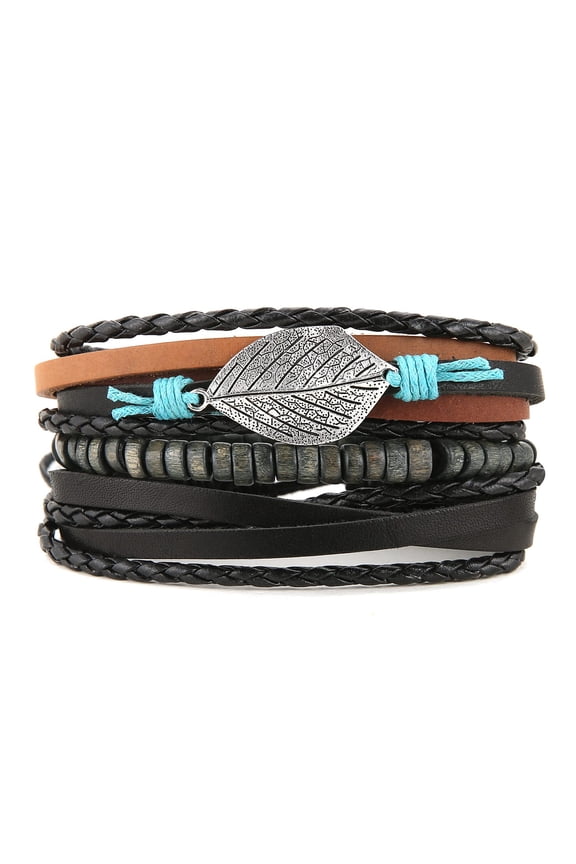 Leather Bracelet for Men Women Handmade Braided Rope Multilayer Wristbands Wrap Leaves Wooden Beaded Cuff Bracelet Jewelry Gift
