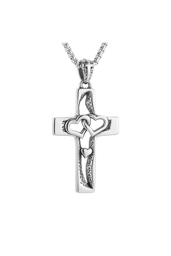 Love Heart Cross Necklace for Men Women Stainless Steel Retro Hollow Intertwined Hearts Love Cross Pendant Necklace Jewelry Gift (Silver)