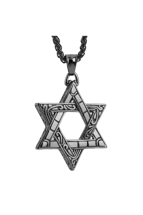 Magen Star of David Pendant Necklace Women Men Chain Silver Stainless Steel Israel Necklace (Black)