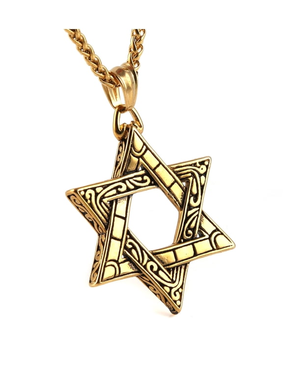 Magen Star of David Pendant Necklace Women Men Chain Silver Stainless Steel Israel Necklace (Gold)