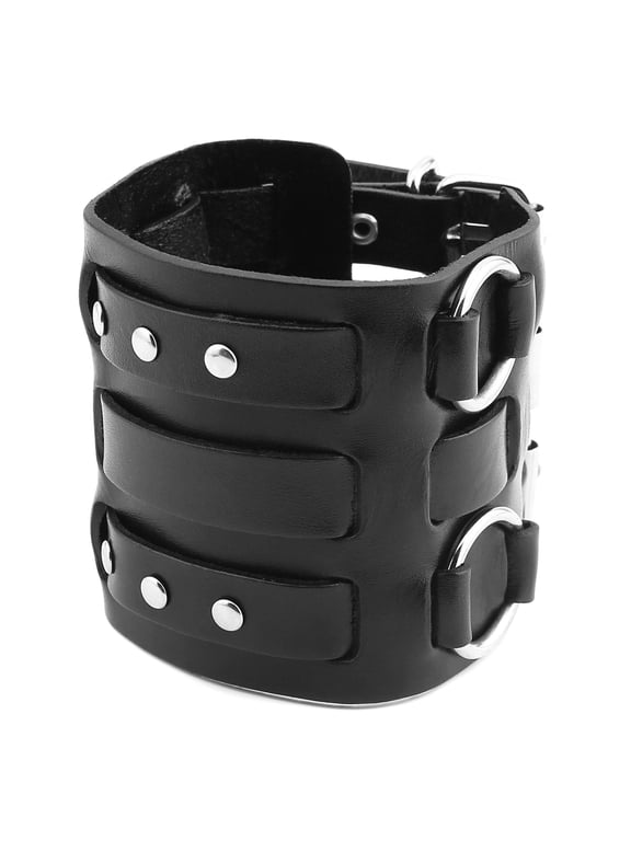 Men's Alloy Ring Genuine Leather Bracelet Bangle Cuff Silver Tone Adjustable (Black)
