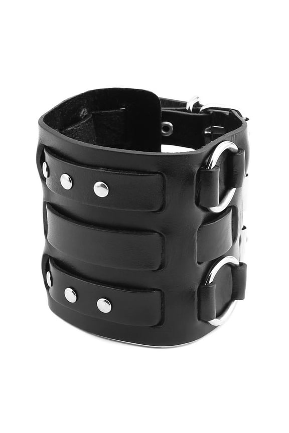 Men's Alloy Ring Genuine Leather Bracelet Bangle Cuff Silver Tone Adjustable (Black)