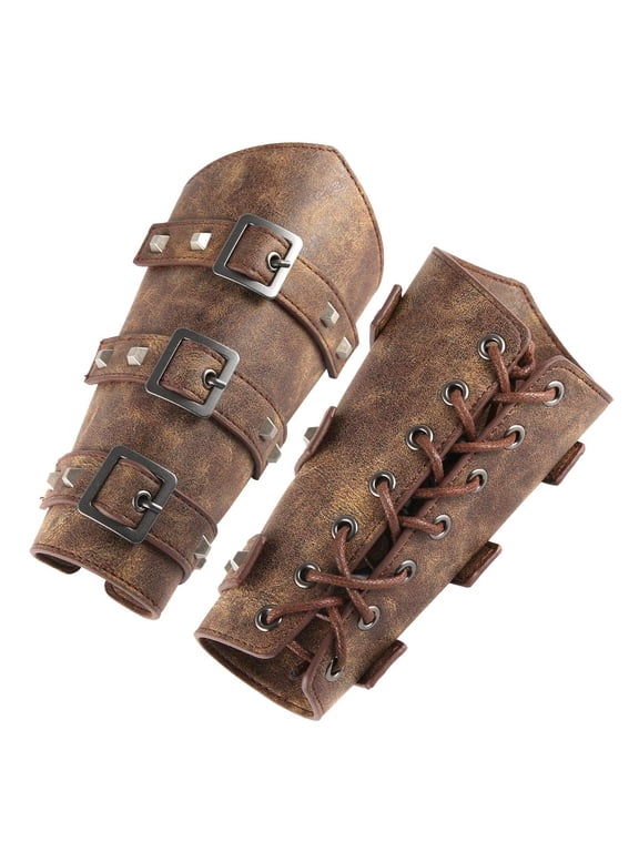 Men's Faux Leather Arm Guard Medieval Style Adjustable Armband Pair(Brown )