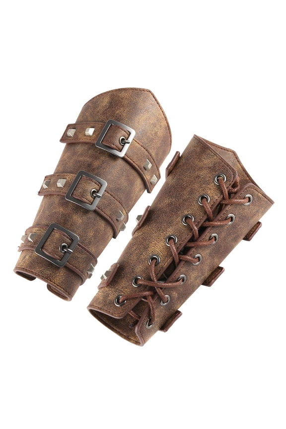 Men's Faux Leather Arm Guard Medieval Style Adjustable Armband Pair(Brown )