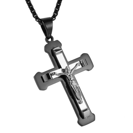 HZMAN Men's Jesus Stainless Steel Pendant Necklace Cross, 22 + 2 Inch Chain(Black)