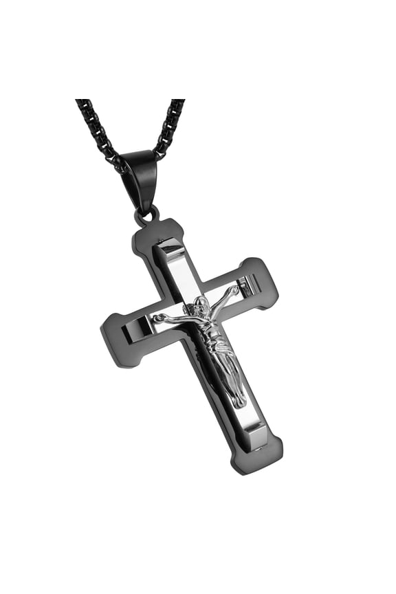 Men's Jesus Stainless Steel Pendant Necklace Cross, 22 + 2 Inch Chain(Black)
