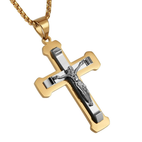 HZMAN Men's Jesus Stainless Steel Pendant Necklace Cross, 22 + 2 Inch Chain(Gold)