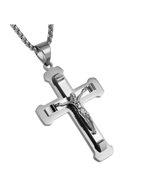 Men's Jesus Stainless Steel Pendant Necklace Cross, 22 + 2 Inch Chain(Silver)