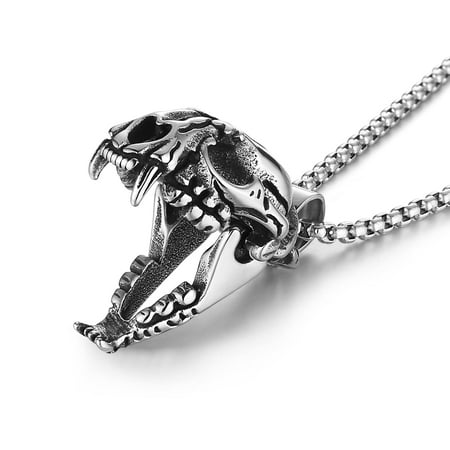 HZMAN Men's Punk Pendant Necklace, Gothic Stainless Steel Openable Sabertooth Tiger Skull Jewelry
