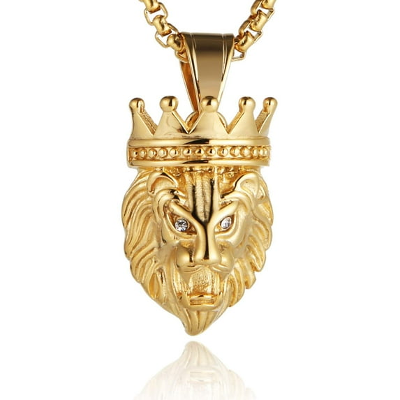 HZMAN Men's Silver Gold Tone Stainless Steel Lion King Pendant Necklace Cable Wheat 22+2" Chain (Gold)