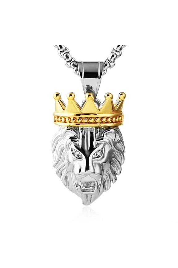 Men's Silver Gold Tone Stainless Steel Lion King Pendant Necklace Cable Wheat 22+2" Chain (Silver & Gold)