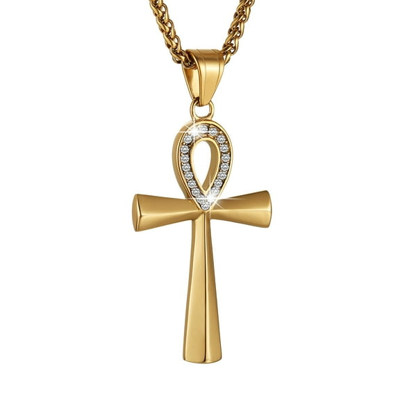 HZMAN Men's Stainless Steel Coptic Ankh Cross Religious Pendant Necklace, 22+2" Rope Chain