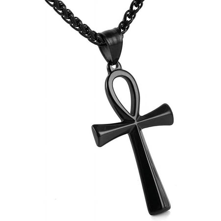 HZMAN Men's Stainless Steel Coptic Ankh Cross Religious Pendant Necklace, 22+2" Rope Chain