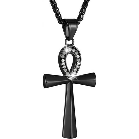 HZMAN Men's Stainless Steel Coptic Ankh Cross Religious Pendant Necklace, 22+2" Rope Chain