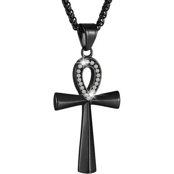 HZMAN Men's Stainless Steel Coptic Ankh Cross Religious Pendant Necklace, 22+2" Rope Chain