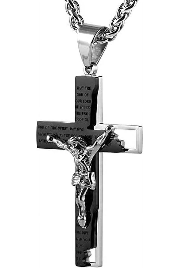 Men's Stainless Steel Cross Crucifix Bible Prayer Pendant Necklace 22+2" Chain