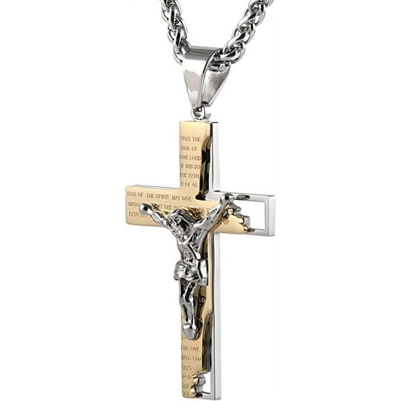 HZMAN Men's Stainless Steel Cross Crucifix Bible Prayer Pendant Necklace 22+2" Chain