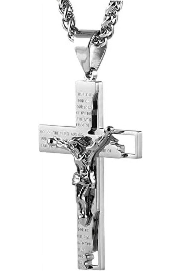 Men's Stainless Steel Cross Crucifix Bible Prayer Pendant Necklace 22+2" Chain