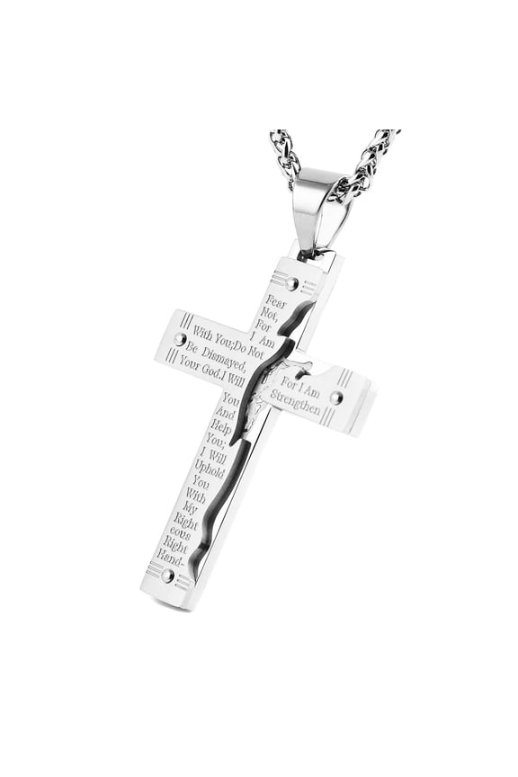 Men's Stainless Steel Jesus Christ Crucifix Cross Lord's Prayer Pendant Necklace (Silver)