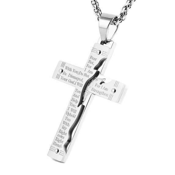 HZMAN Men's Stainless Steel Jesus Christ Crucifix Cross Lord's Prayer Pendant Necklace (Silver)