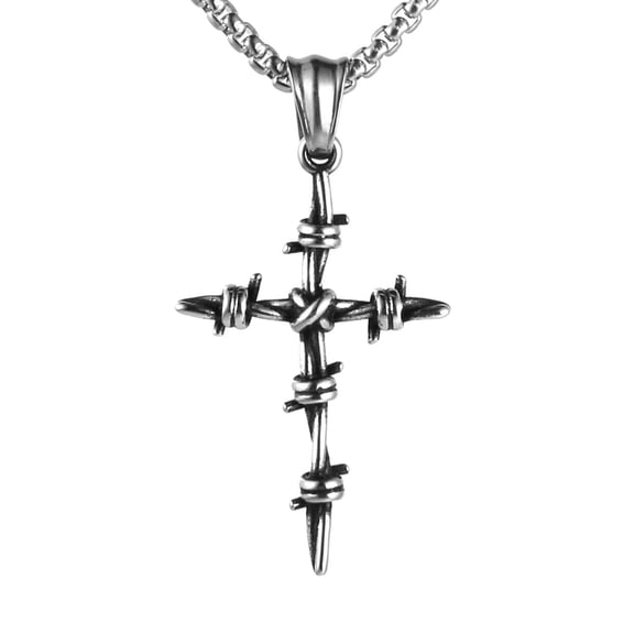 HZMAN Men's Vintage Silver Nail Cross Punk Gothic Stainless Steel Barbed Wire Pendant Necklacee 22+2 Inch