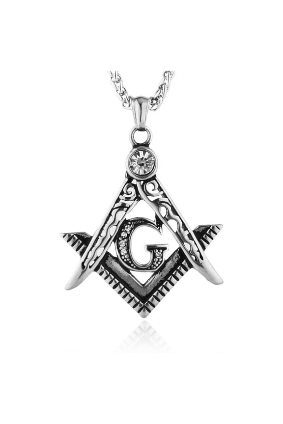 Mens Cubic Zirconia Freemason Symbol Masonic Stainless Steel Pendant Necklace 22+2 inch Chain (Silver)