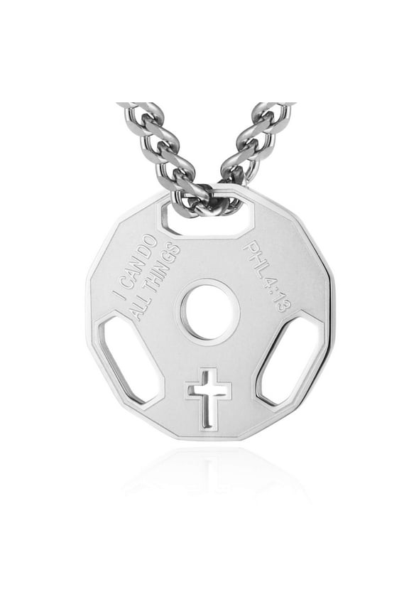 Mens Fashion Stainless Steel Fitness Gym Dumbbell Weight Plate Barbell Chain Pendant Necklace (Silver)