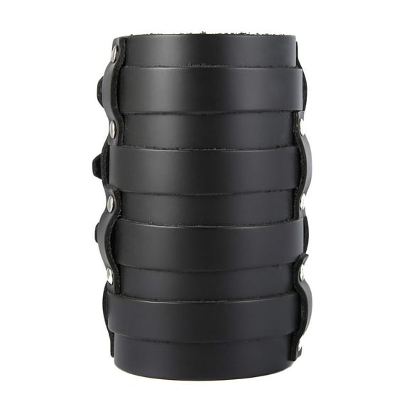HZMAN Mens Leather Wide Triple Strap Cuff Wrap Gauntlet Wristband Buckle Fastening Arm Armor Cuff 4 Rows (Black)