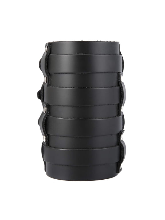 Mens Leather Wide Triple Strap Cuff Wrap Gauntlet Wristband Buckle Fastening Arm Armor Cuff 4 Rows (Black)