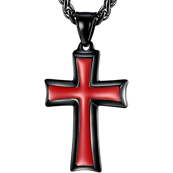 HZMAN Mens Stainless Steel Cross Pendant Necklace with Wheat Chain (Black & Red)