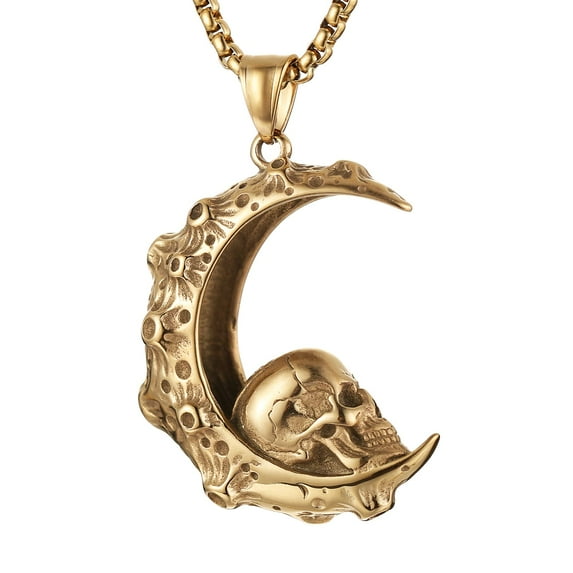 HZMAN Mens Women Gothic Retro Moon Crescent Skull Stainless Steel Pendant Necklace 22+2 Inch Chain (Gold)