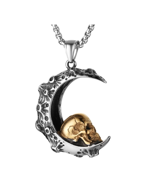 Mens Women Gothic Retro Moon Crescent Skull Stainless Steel Pendant Necklace 22+2 Inch Chain (Silver & Gold)