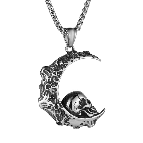 HZMAN Mens Women Gothic Retro Moon Crescent Skull Stainless Steel Pendant Necklace 22+2 Inch Chain (Silver)