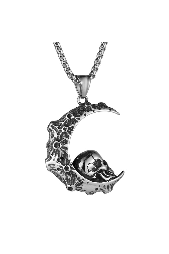Mens Women Gothic Retro Moon Crescent Skull Stainless Steel Pendant Necklace 22+2 Inch Chain (Silver)
