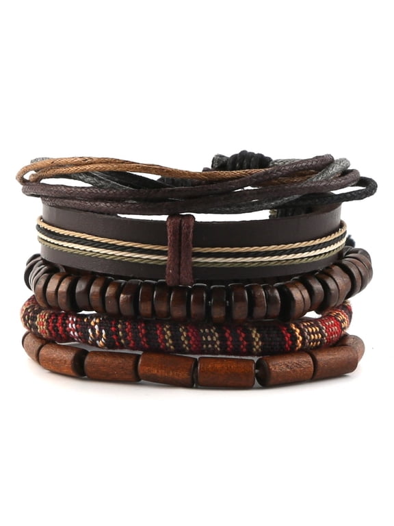 Mix 5 Wrap Bracelets Men Women, Hemp Cords Wood Beads Ethnic Tribal Bracelets, Leather Wristbands