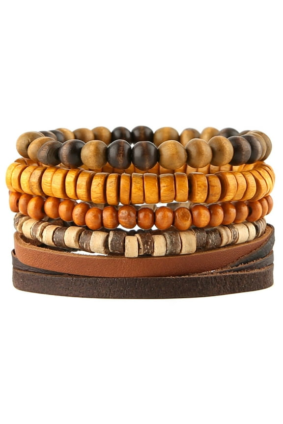 Mix 5 Wrap Bracelets Men Women, Hemp Cords Wood Beads Ethnic Tribal Bracelets, Leather Wristbands
